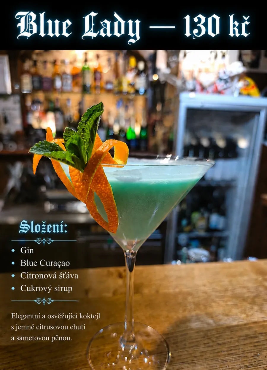 Plakát koktejlu Blue Lady — gin, blue curaçao, citron
