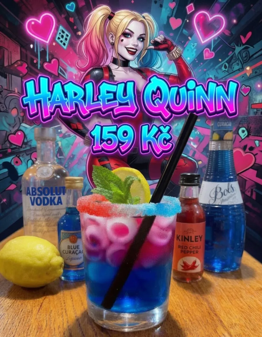 Plakát koktejlu Harley Quinn — vodka, blue curaçao, Kinley Cherry